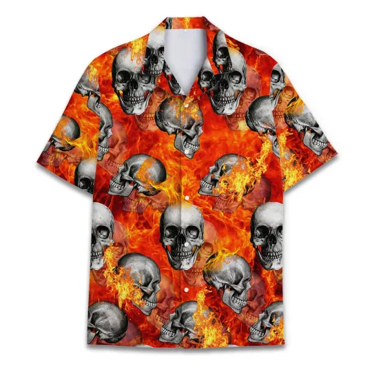 Discover Funny Skull Fire Hawaiian Shirts for Mens Halloween Horror Button Down
