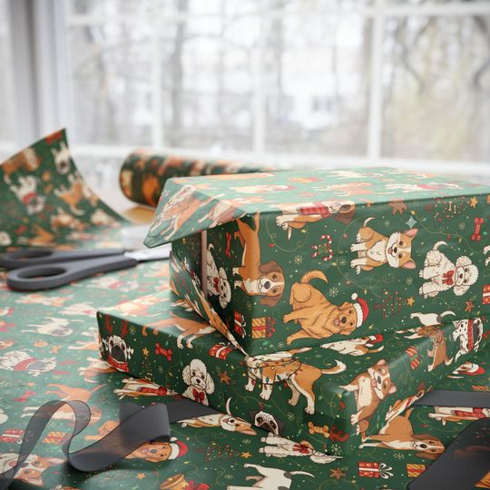 Discover Christmas Dogs Wrapping Paper | Green Holiday Dog Pattern