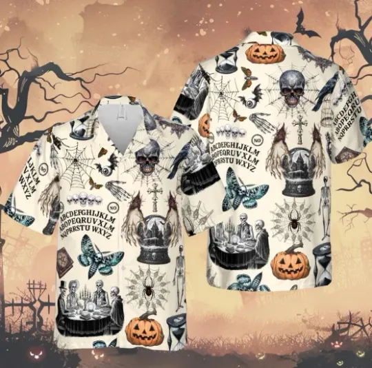 Discover Goth Halloween Hawaiian Shirt, Spooky Ouija, Gothic Halloween Button Shirt