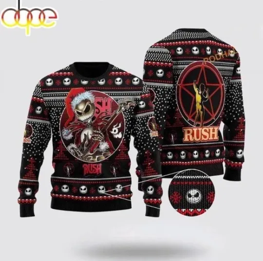 Rush Band Jack Skelington Santa Clause Ugly Christmas Sweater