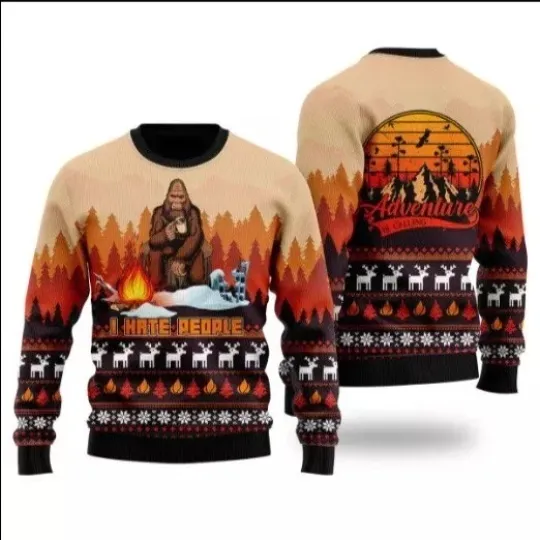 Bigfoot I Hate People Camping Ugly Christmas Sweater 3D