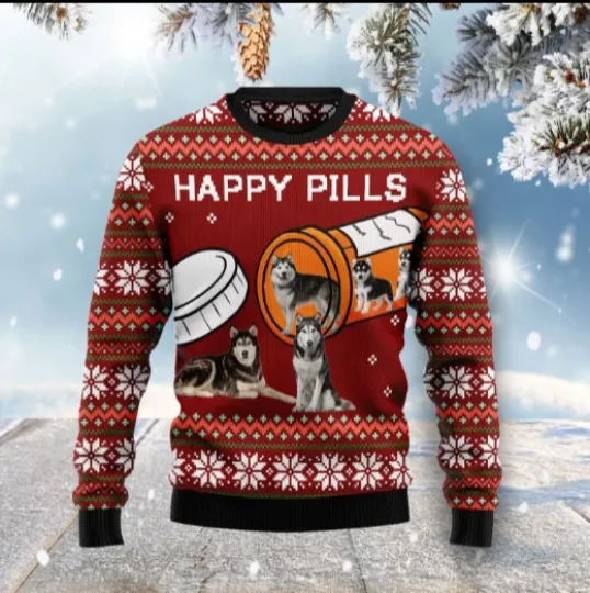 Merry Christmas Siberian Husky Dog Happy Pills Ugly Christmas Sweater