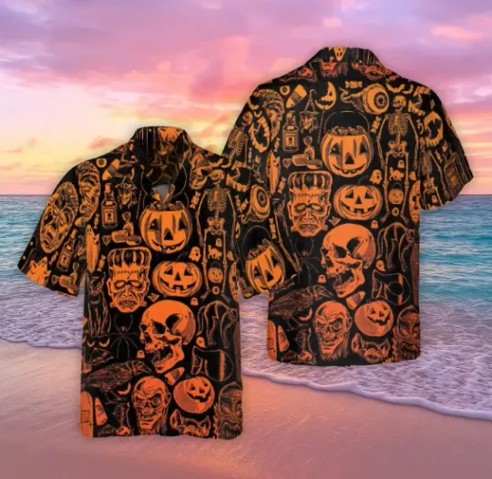 Discover Vintage Halloween Hawaiian Shirt, Retro Skull Pumpkin Monster Witch Button Shirt