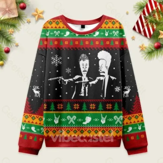 Beavis And Butthead Pulp Fiction Nerd Ugly Christmas Knit Sweater