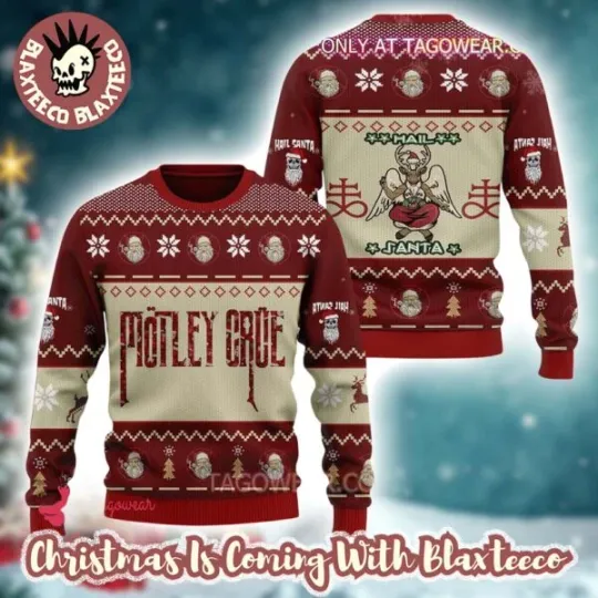 Motley-Crue Hail Santa Xmas Holiday Gift For Fans Ugly Christmas Sweater