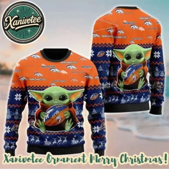 Discover N.F.L Denve Bronco x Baby Yoda Hug The Ball 2025 Fan Gift Christmas Ugly Sweater