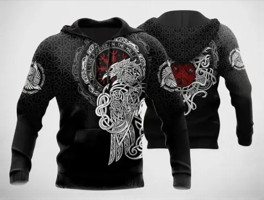 Discover Odin's Raven Viking Hoodie 3D Print Helm of Awe Unisex