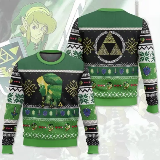 BG Green Link Legend of Zelda Christmas Ugly Sweater, Video Game S-5XL