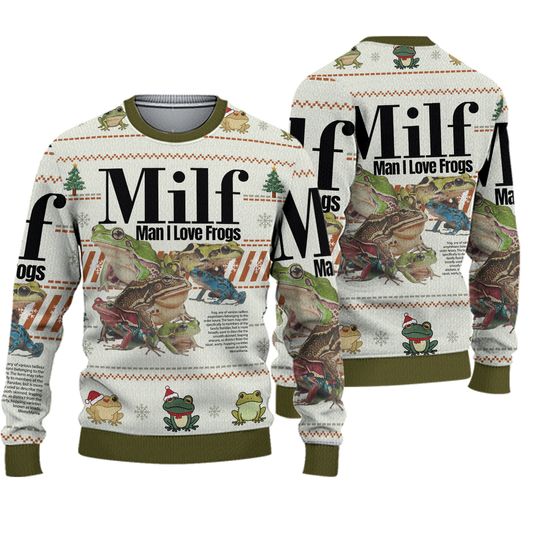 Funny Frog Christmas Sweater, Man I Love Frogs Holiday Jumper, Beige Green Ugly Xmas Sweatshirt for Men Women, Amphibian Lover Gift
