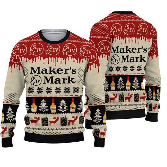Maker's Mark Whiskey Ugly Christmas Sweater, Red Wax Drip Knit, Unisex Holiday Party Jumper, Funny Bourbon Gift, Winter Pullover, for Adults