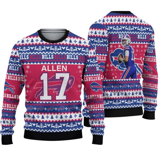 2025 football Buffalo Bill Allen 17 Ugly Christmas Sweater