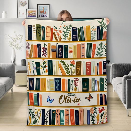 Discover Personalized Retro Bookshelf Library Throw Blanket, Cottagecore Book Wildflowers Blanket, Gift For Book Lover Library Bookish Reader Gift
