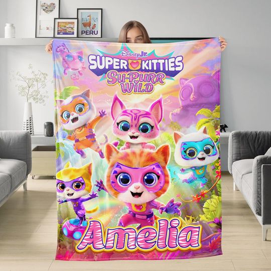 Discover Custom Name Fleece Blanket with Superkitties and Superhero Cats