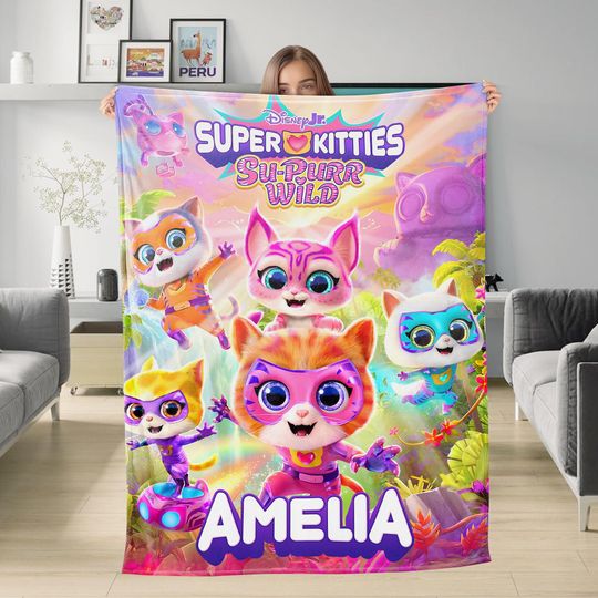 Discover Custom Name Fleece Blanket with Superkitties and Superhero Cats