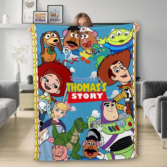 Discover Personalized Toy Story Blanket, Custom Name Disney Woody Buzz Lightyear Jessie Blanket, Gift For Boy, Toy Character Story Team Blanket