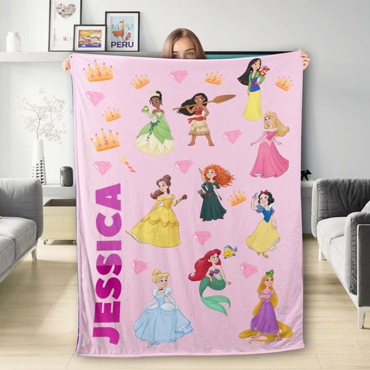 Discover Personalized Princesses In Movies Plush Fleece Blanket, Custom Name Princess Squad Blanket, Magic Kingdom, Birthday Gift, Gift For Baby Kid