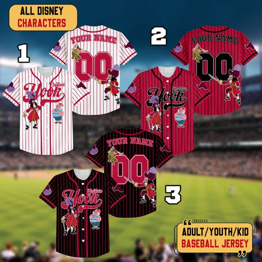 Discover Custom Disney Captain Hook Simple Stripe Baseball Jersey, Custom Name Disney Game Day Kid Adult Toddler, Disneyland Family Baseball Matching
