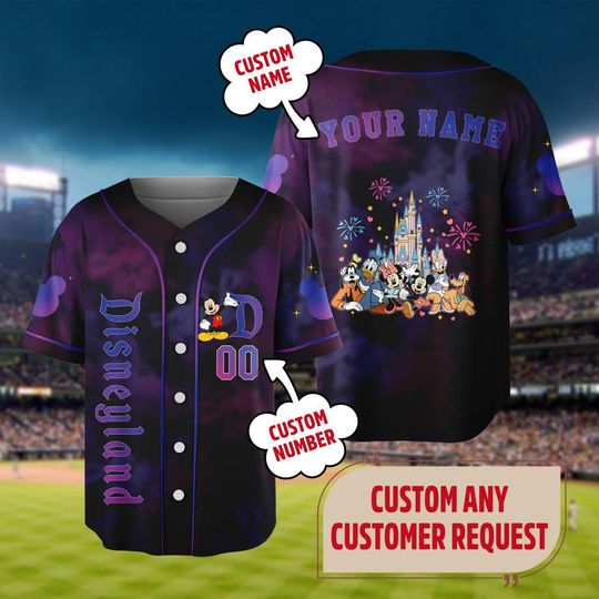 Discover Mickey And Friends 70th Anniversary Baseball Jersey, Happiest Place On Earth Shirt, Disneyland Family Trip Tee, Mickey Castle Hologram Tee