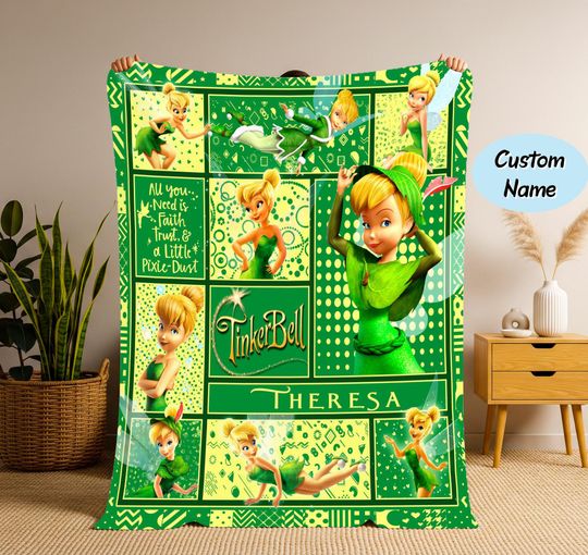 Discover Personalized Name Disney Tinker Bell Blanket, Magic Kingdom Fleece Sherpa Blanket, Personalized princess Blanket, Christmas Blanket Gift