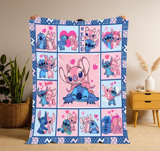 Personalized Stitch Angel Blanket, Custom Stitch LiLo Blanket, Couple Blanket, Valentine Gift