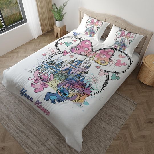 Discover Personalized Watercolor Disney Stitch & Angel Bedding Set with Blanket for Kids' Birthday Gift
