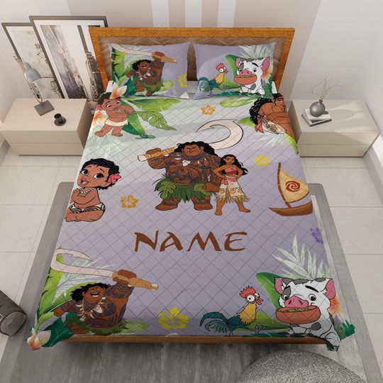 Discover Personalized Watercolor Disney Moana Quilt Cover Set, Moana Blanket for Bedroom Decor, Birthday Gift