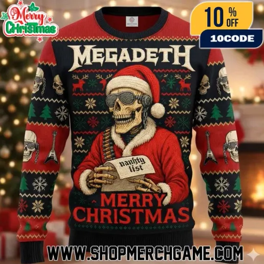 Megadeth Ugly Christmas Sweater Naughty List Santa Skull