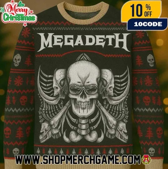 Megadeth Ugly Christmas Sweater Triple Skull Vic Rattlehead Crossbones