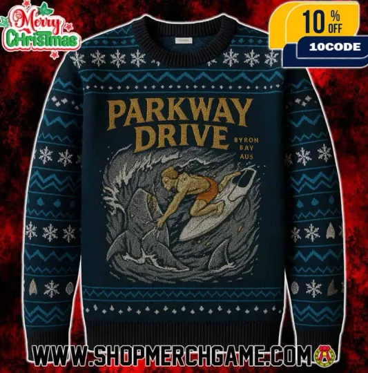 Discover Parkway Drive Byron Bay Ugly Christmas Sweater With Shark Surfer Wave