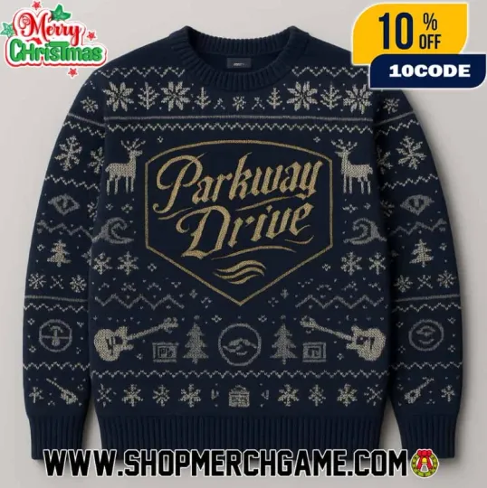 Discover Parkway Drive Ugly Christmas Sweater Navy Blue With Reindeer Guitar