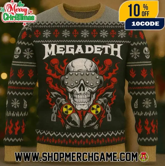 Megadeth Ugly Christmas Sweater Rattlehead Skull Nuclear Radiation Bombs