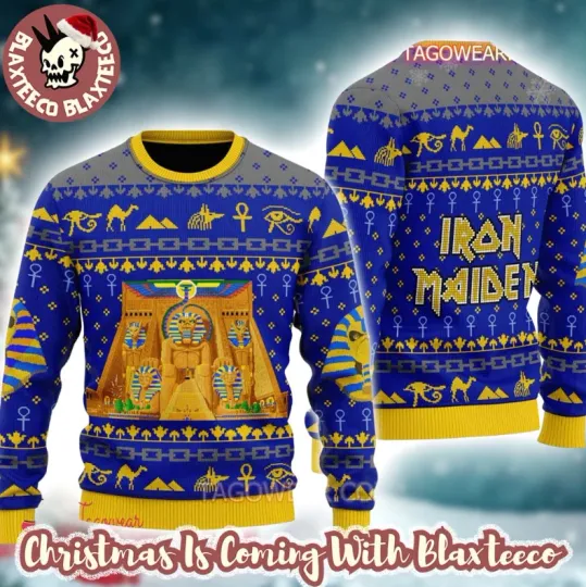 Iron Maiden Powerslave Album Cover Pixel Style With Egypt Symbols Ugly Sweater