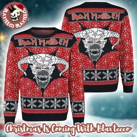 Iron Maiden Eddie Satan Head With Snowflakes Pattern Ugly Sweater