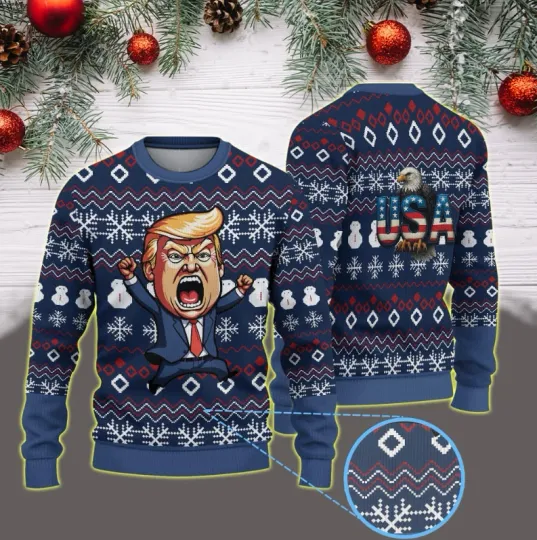 Snowflake And Snowman Pattern Angry Donald Trump Usa Eagle Ugly Sweater