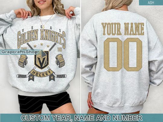 Discover Personalized Vegas Golden Knights Sweatshirt, Vegas Golden Knights crewneck, Vegas Hockey shirt, Custom Hockey Shirt, Hockey Number Shirt
