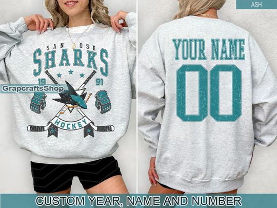 Personalized San Jose Sharks Sweatshirt, San Jose Sharks crewneck, San Jose Hockey shirt, Custom Hockey Shirt, Hockey Number Shirt