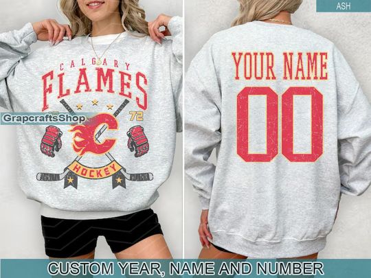 Discover Personalized Calgary Flames Sweatshirt, Calgary Flames crewneck, Calgary Hockey shirt, Custom Hockey Shirt, Hockey Number Shirt