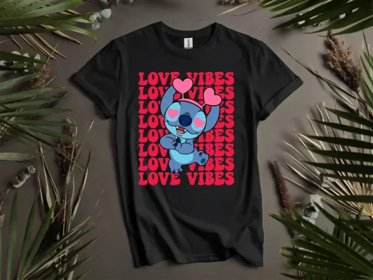 Discover Love Vibes Stitch Happy T-shirt Men Women Unisex