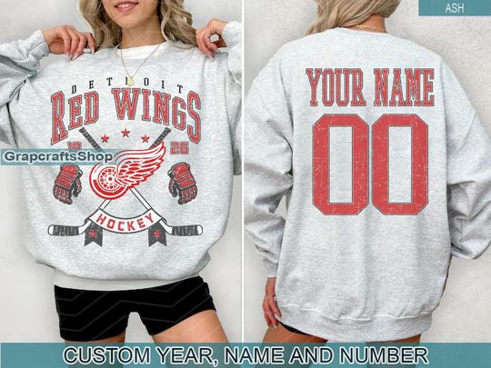 Personalized Detroit Red Wings Sweatshirt, Detroit Red Wings crewneck, Detroit Hockey shirt, Custom Hockey Shirt, Hockey Number Shirt