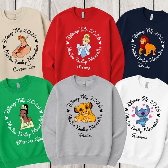Discover Custom Disney Characters 2026 Sweatshirt, Disney Matching Family Trip Sweatshirt, Personalized Mickey Minnie Sweatshirt, Disney Princess