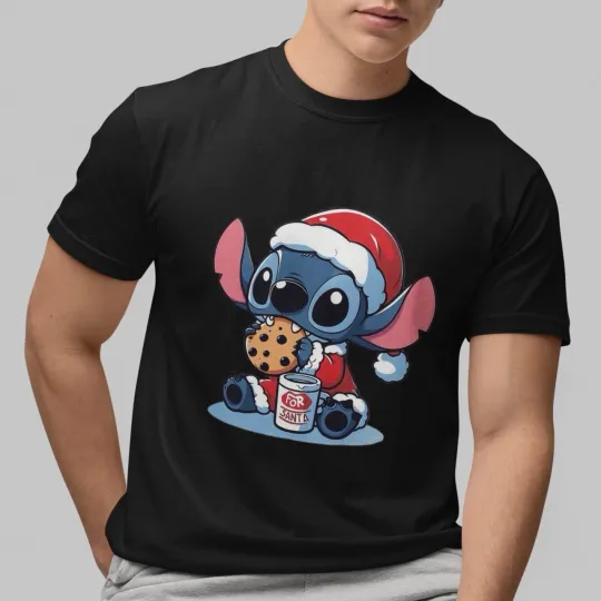Discover Cute Christmas Disney Stitch T- Shirt Santa Eating Cookie For Santa Graphic Gift