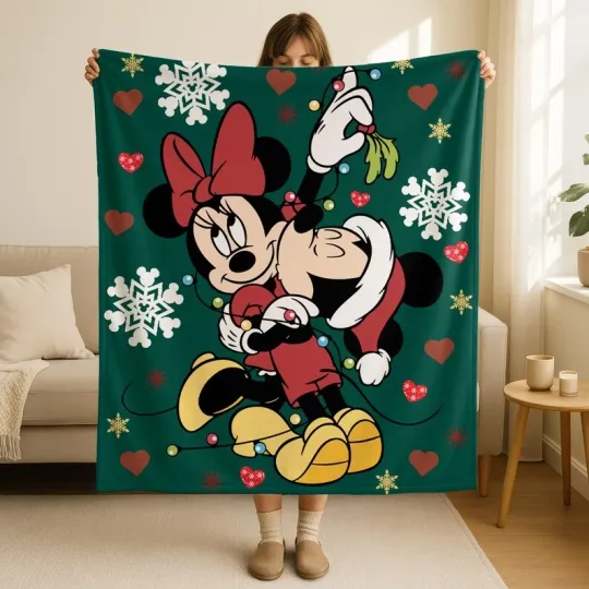 Discover Disney Mickey Minni Mouse Love Green Christmas Cozy Fleece Blanket