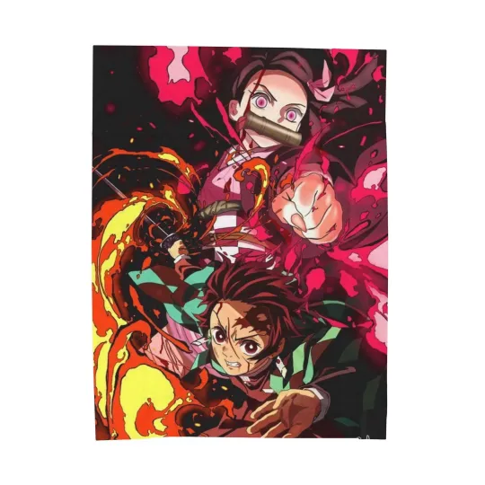 Discover Anime demon tanjiror & neko Battle Fight Fleece Blanket