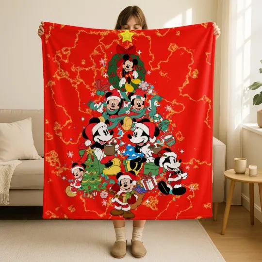 Discover Disney Mickey And Friends Christmas Tree Red Christmas Cozy Fleece Blanket