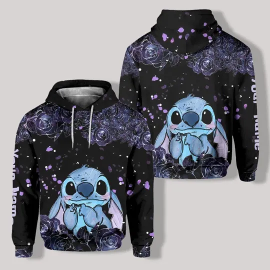 3D Hoodies Personalized Cute Stitch Dark Roses Ohana Means Family Hoodie