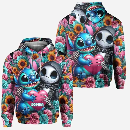 Discover Custom Name Stitch And Jack 3D Hoodie All Over Print Father’s Day Christmas Gift