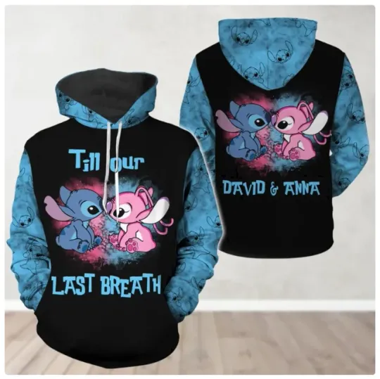 Discover Custom Stitch And Angel Couple BLUE 3D HOODIE CHRISTMAS GIFT