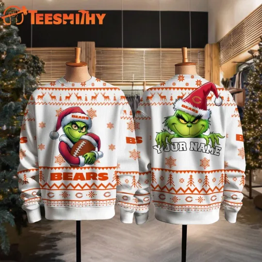 Discover CUSTOM Chicago Bearr football funny character Santa Hats Ugly Christmas Sweater S-5XL