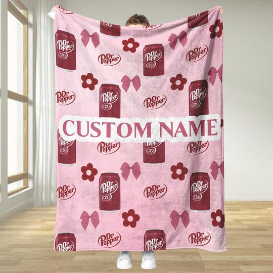 Personalized Dr Pepper Blanket With Bows and Flowers, Custom Name Girly Coquette Bow Dr Pepper Fleece Blanket, Dr Pepper Lovers Gift