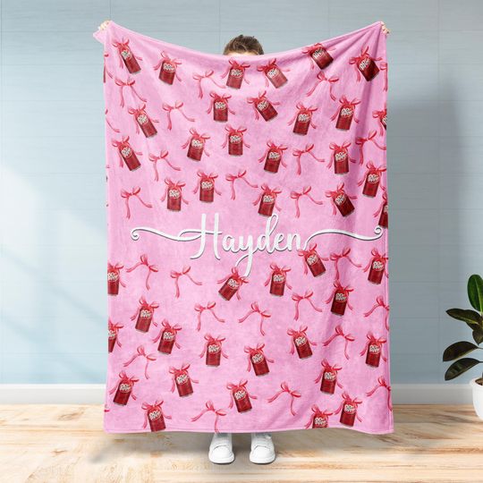 Personalized Dr Pepper Blanket With Bows, Custom Name Girly Coquette Bow Dr Pepper Fleece Blanket, Dr Pepper Lovers Gift